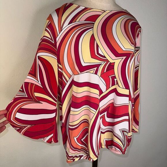 Chico’s Modern Movement Cold Shoulder Top Colorful 70’s Groovy Women’s Medium - Picture 3 of 11